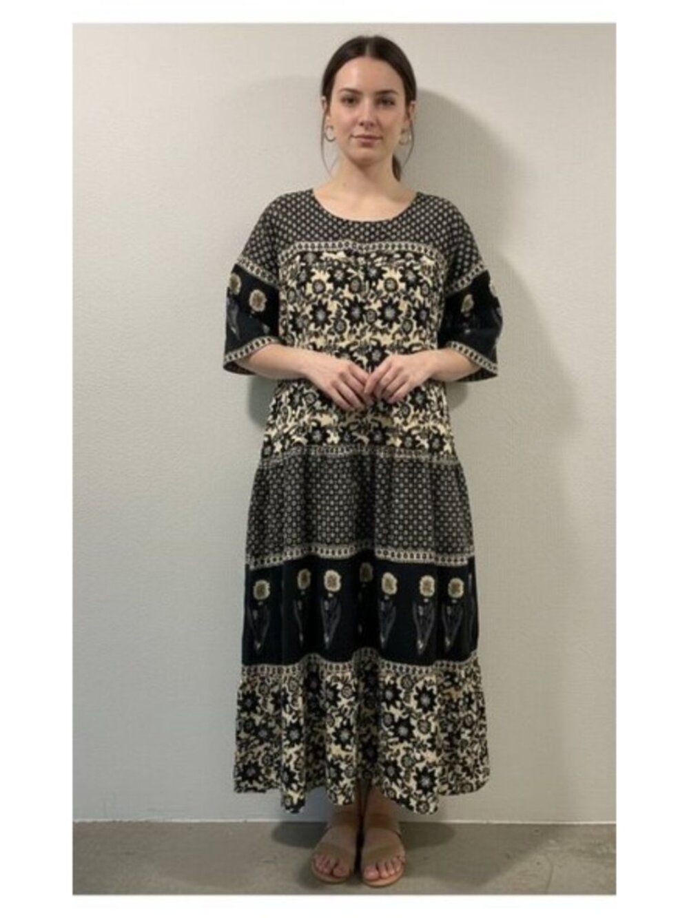 La Cera Boho Black Cream Ethnic Tiered Short Sleeve Oversize Midi Dress L EUC